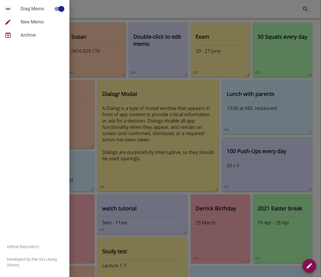 Side navigation of Memo Web App