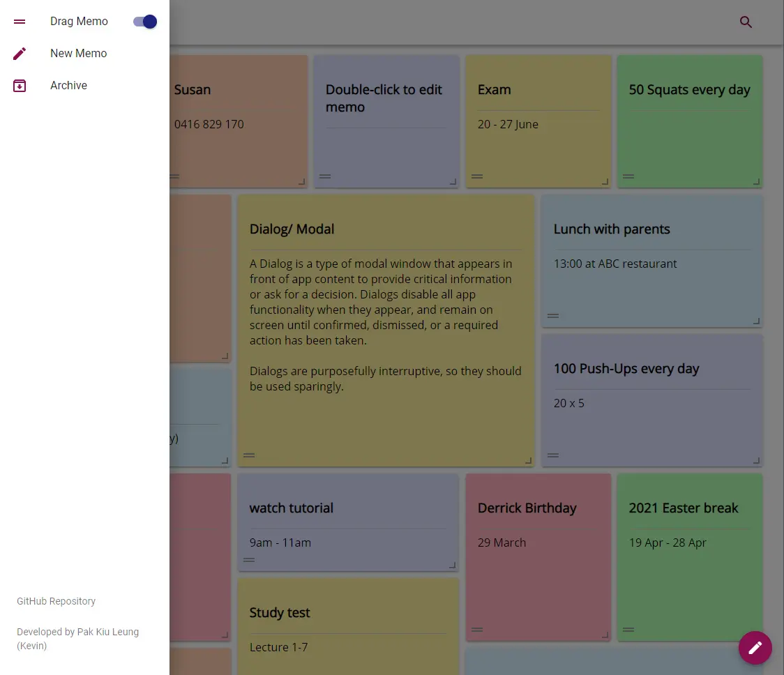 Side navigation of Memo Web App