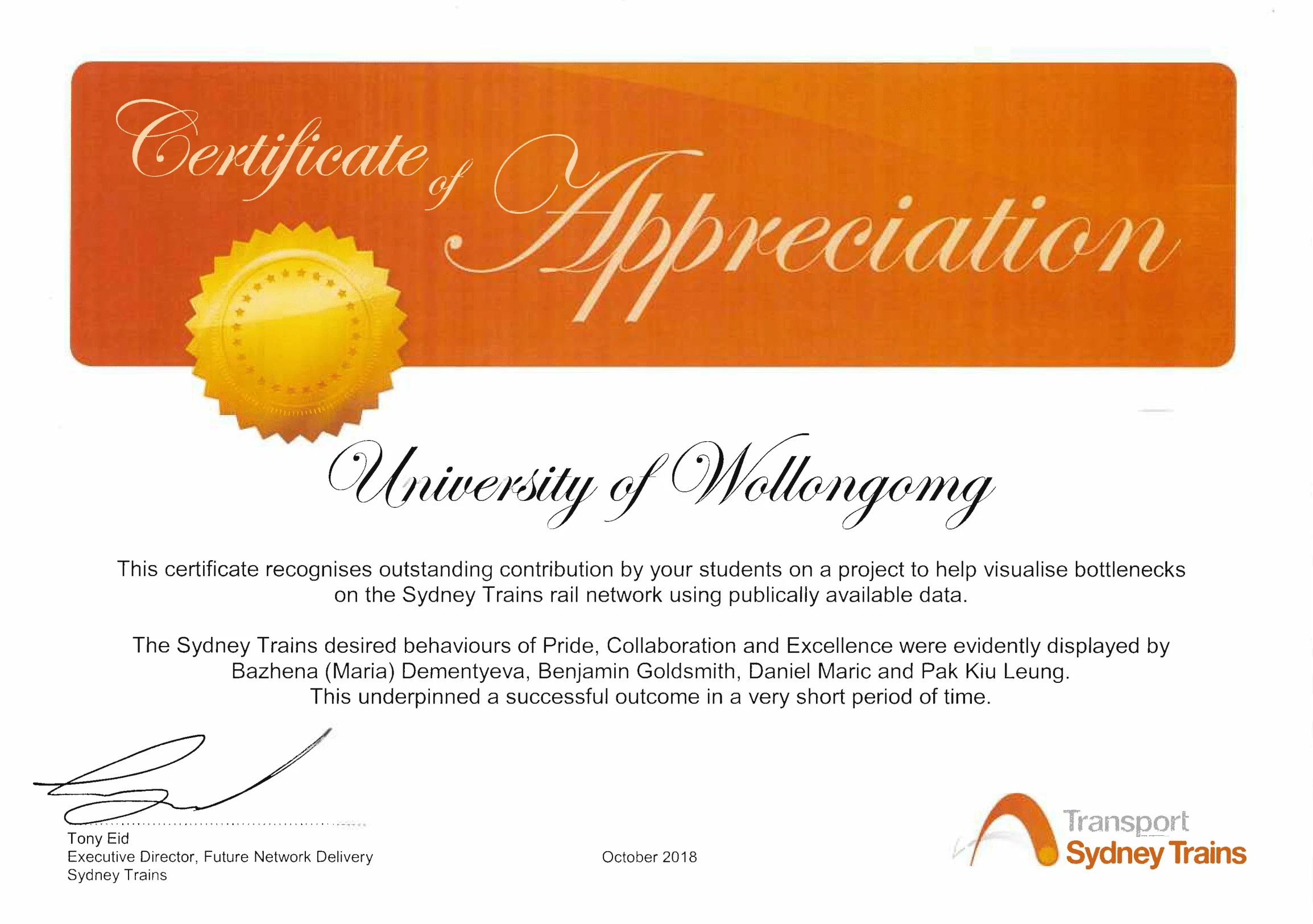 Photo of the Certificate of Appreciation